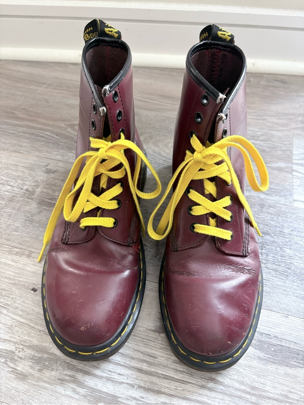 Doc Martens Oxblood Burgundy Leather Boots with Yellow Laces